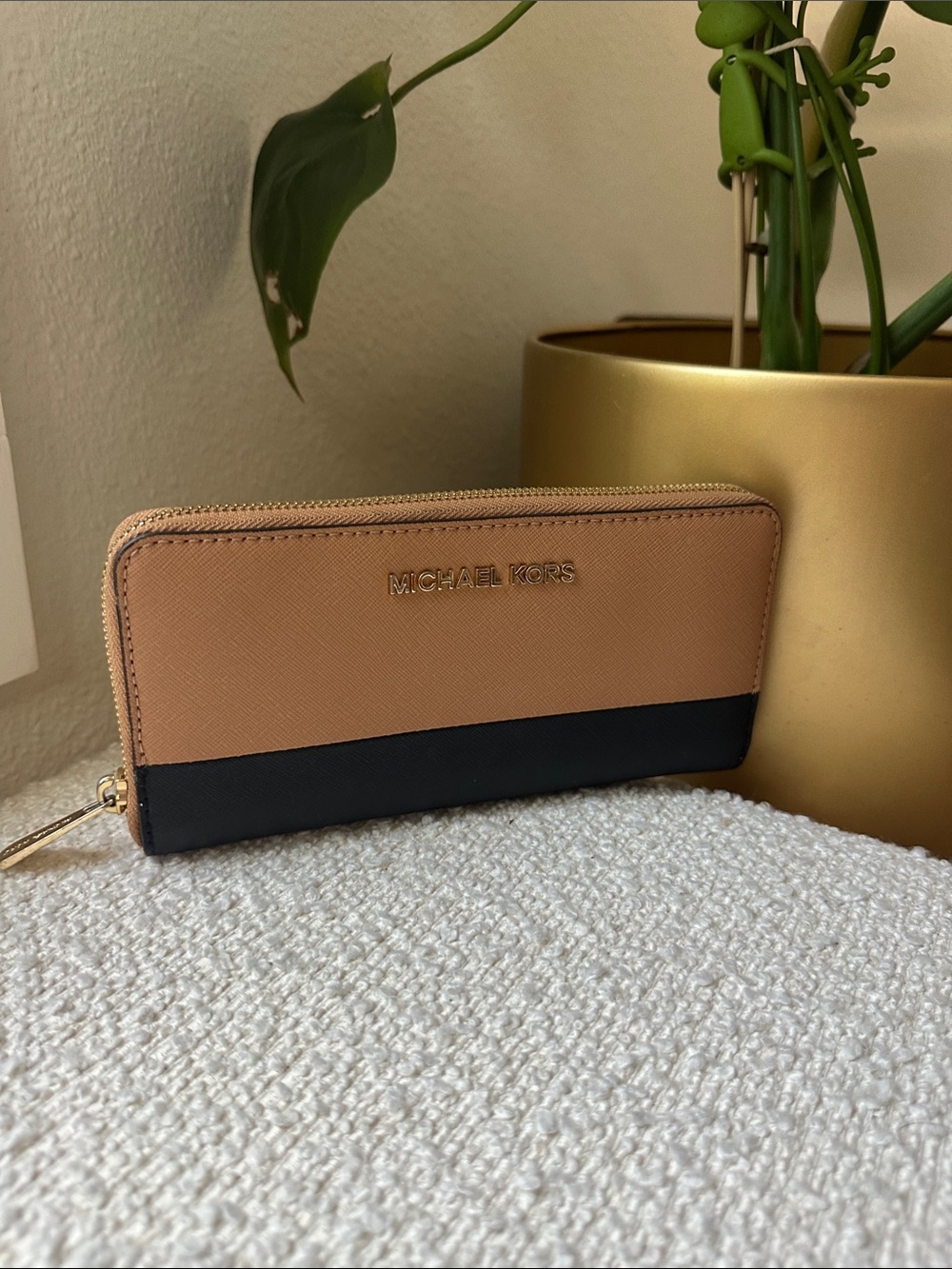 Michael Kors Two-Tone Zip Wallet in Tan and Black